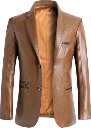 Maiyifu-GJ Leather Blazer for Men Classic Faux Leather Business Sport Coat Notched Collar One Button Slim Moto Suits Jacket