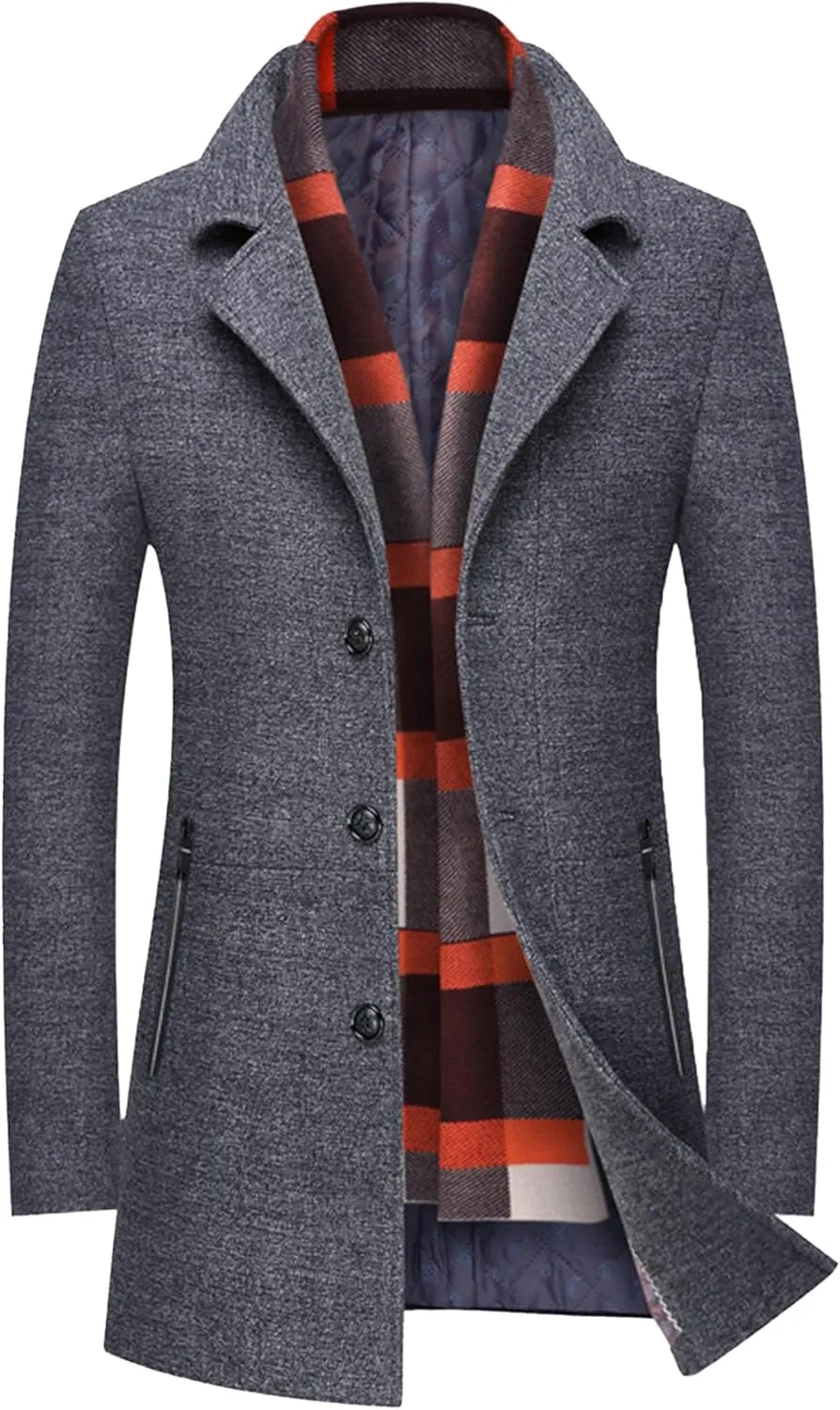 Maiyifu-GJ Men's Long Wool Blend Trench Coat Scarfs Collar Single Breasted Slim Fit Overcoat Winter Warm Mid-Length Coats