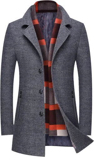 Maiyifu-GJ Men's Long Wool Blend Trench Coat Scarfs Collar Single Breasted Slim Fit Overcoat Winter Warm Mid-Length Coats