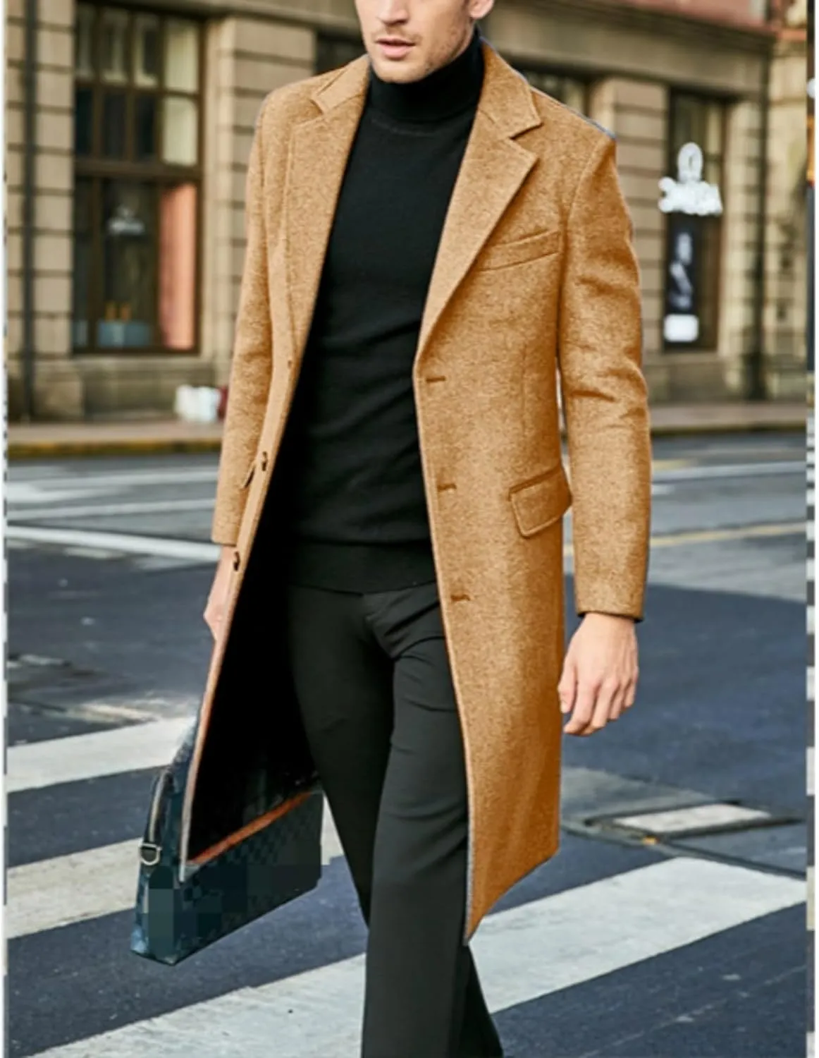 Maiyifu-GJ Men's Single Breasted Wool Blend Pea Coat Winter Thick Slim Fit Trench Coats Long Warm Classic Business Coat
