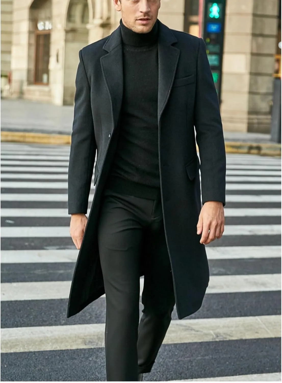 Maiyifu-GJ Men's Single Breasted Wool Blend Pea Coat Winter Thick Slim Fit Trench Coats Long Warm Classic Business Coat