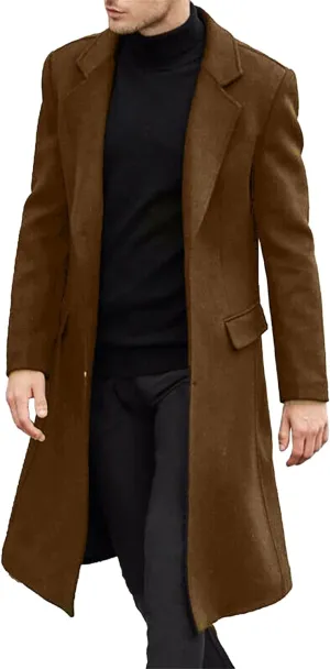 Maiyifu-GJ Men's Single Breasted Wool Blend Pea Coat Winter Thick Slim Fit Trench Coats Long Warm Classic Business Coat