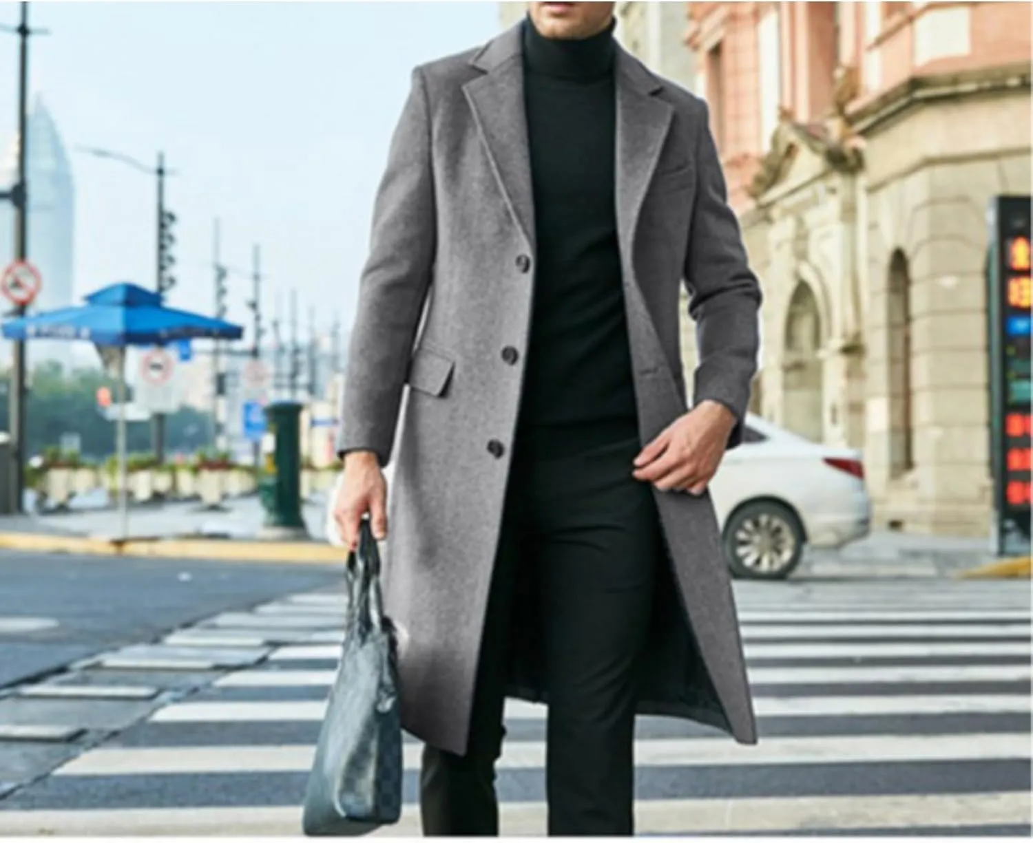 Maiyifu-GJ Men's Single Breasted Wool Blend Pea Coat Winter Thick Slim Fit Trench Coats Long Warm Classic Business Coat