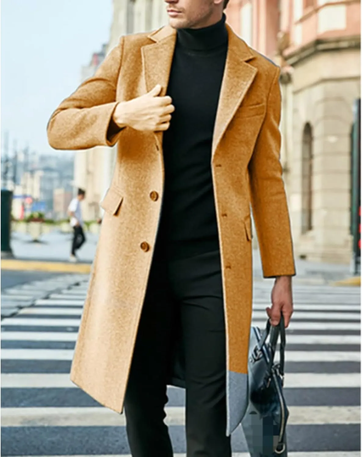 Maiyifu-GJ Men's Single Breasted Wool Blend Pea Coat Winter Thick Slim Fit Trench Coats Long Warm Classic Business Coat