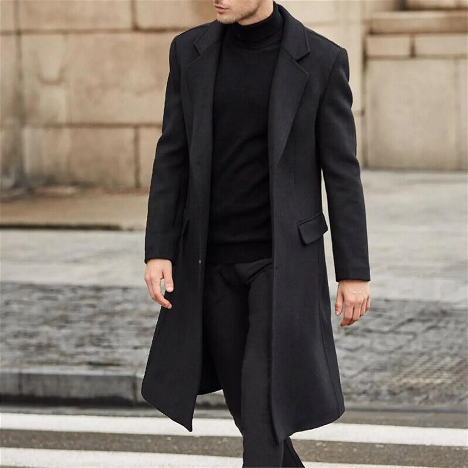 Maiyifu-GJ Men's Single Breasted Wool Blend Pea Coat Winter Thick Slim Fit Trench Coats Long Warm Classic Business Coat