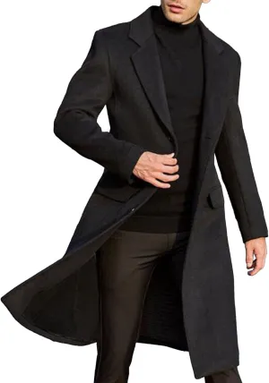Maiyifu-GJ Men's Single Breasted Wool Blend Pea Coat Winter Thick Slim Fit Trench Coats Long Warm Classic Business Coat