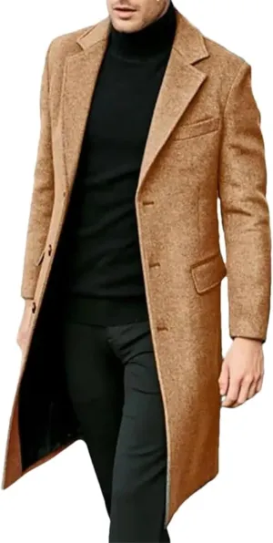 Maiyifu-GJ Men's Single Breasted Wool Blend Pea Coat Winter Thick Slim Fit Trench Coats Long Warm Classic Business Coat