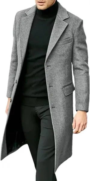 Maiyifu-GJ Men's Single Breasted Wool Blend Pea Coat Winter Thick Slim Fit Trench Coats Long Warm Classic Business Coat