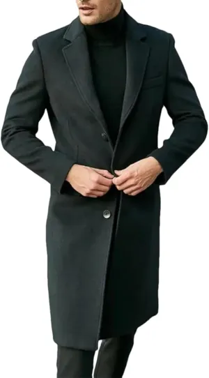 Maiyifu-GJ Men's Single Breasted Wool Blend Pea Coat Winter Thick Slim Fit Trench Coats Long Warm Classic Business Coat