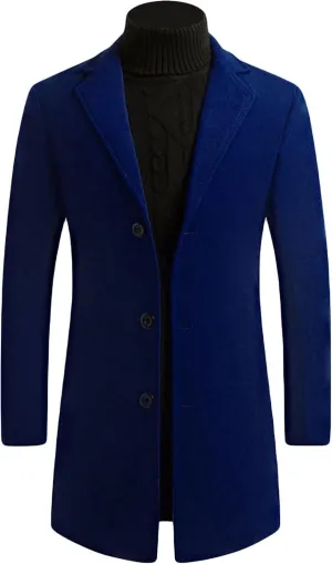 Maiyifu-GJ Men's Wool Blend Trench Coats Mid-Length Notched Collar Slim Overcoat Casual Business Single Breasted Long Jackets