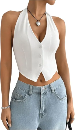 MakeMeChic Women's Button Front Halter Crop Tops Tie Back Fitted Vest Top Suit Vest Waistcoat