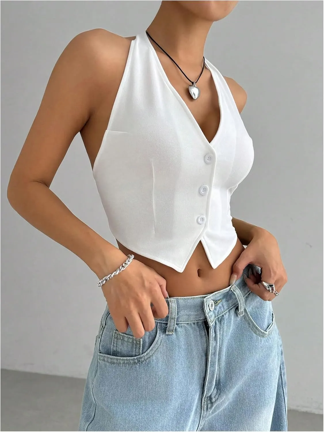 MakeMeChic Women's Button Front Halter Crop Tops Tie Back Fitted Vest Top Suit Vest Waistcoat