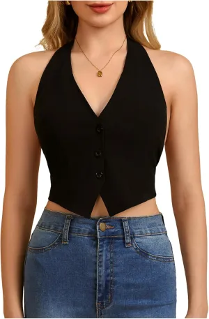 MakeMeChic Women's Button Front Halter Crop Tops Tie Back Fitted Vest Top Suit Vest Waistcoat