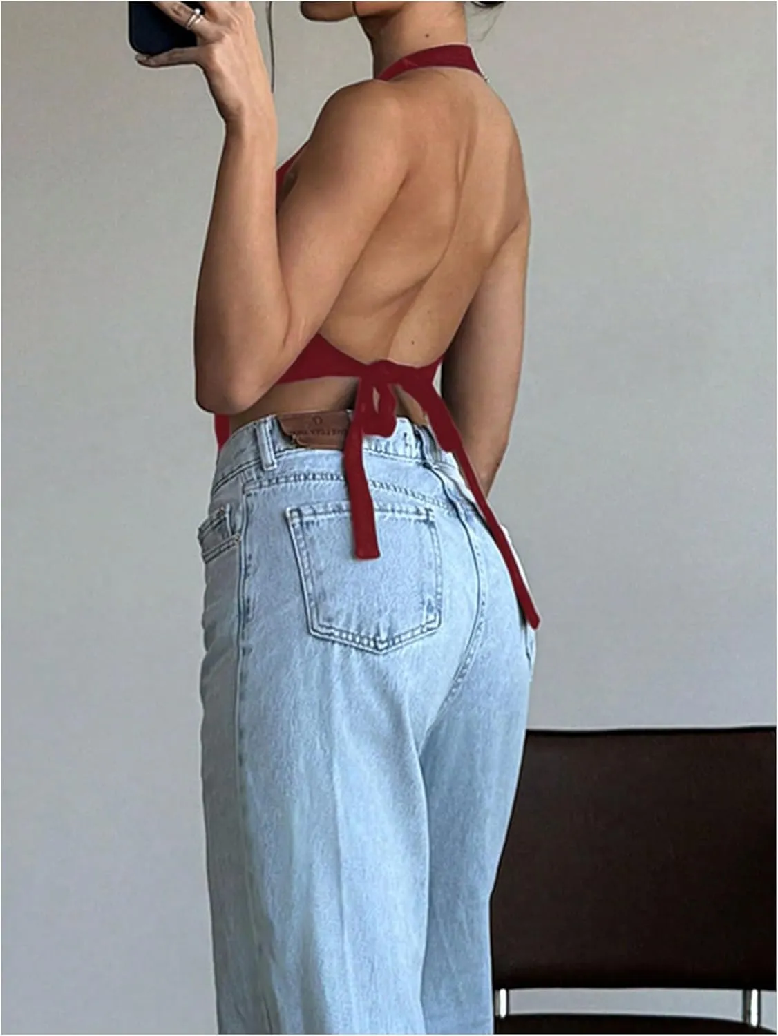 MakeMeChic Women's Button Front Halter Crop Tops Tie Back Fitted Vest Top Suit Vest Waistcoat