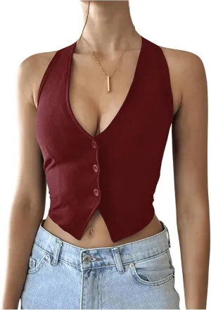 MakeMeChic Women's Button Front Halter Crop Tops Tie Back Fitted Vest Top Suit Vest Waistcoat