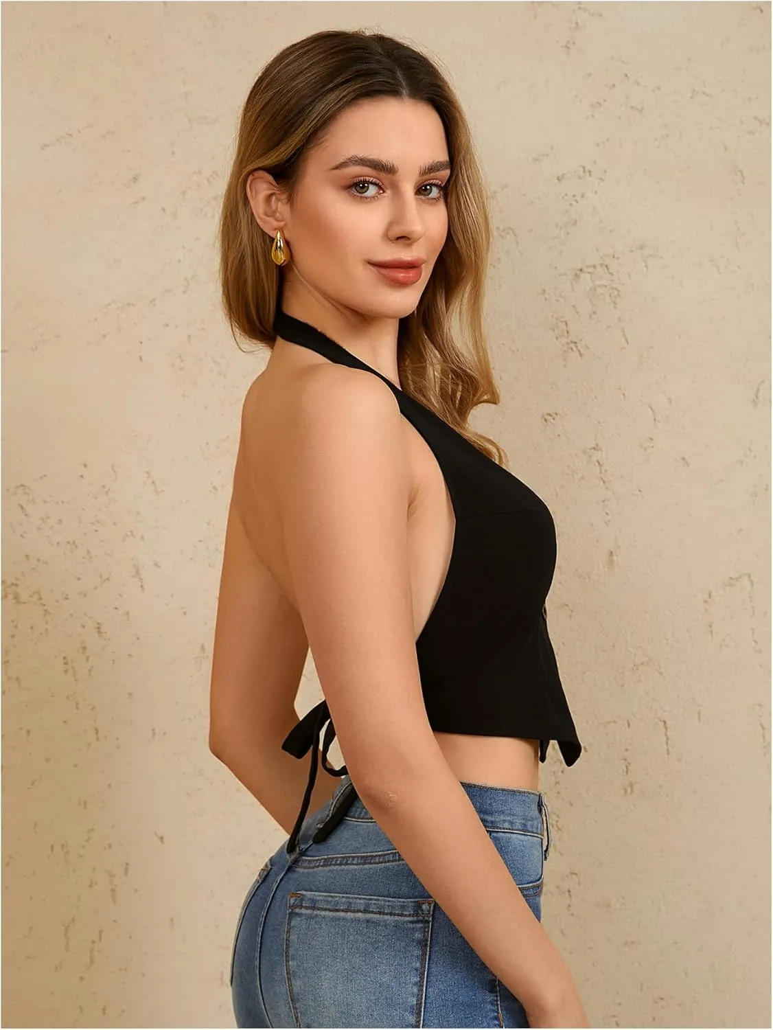 MakeMeChic Women's Button Front Halter Crop Tops Tie Back Fitted Vest Top Suit Vest Waistcoat
