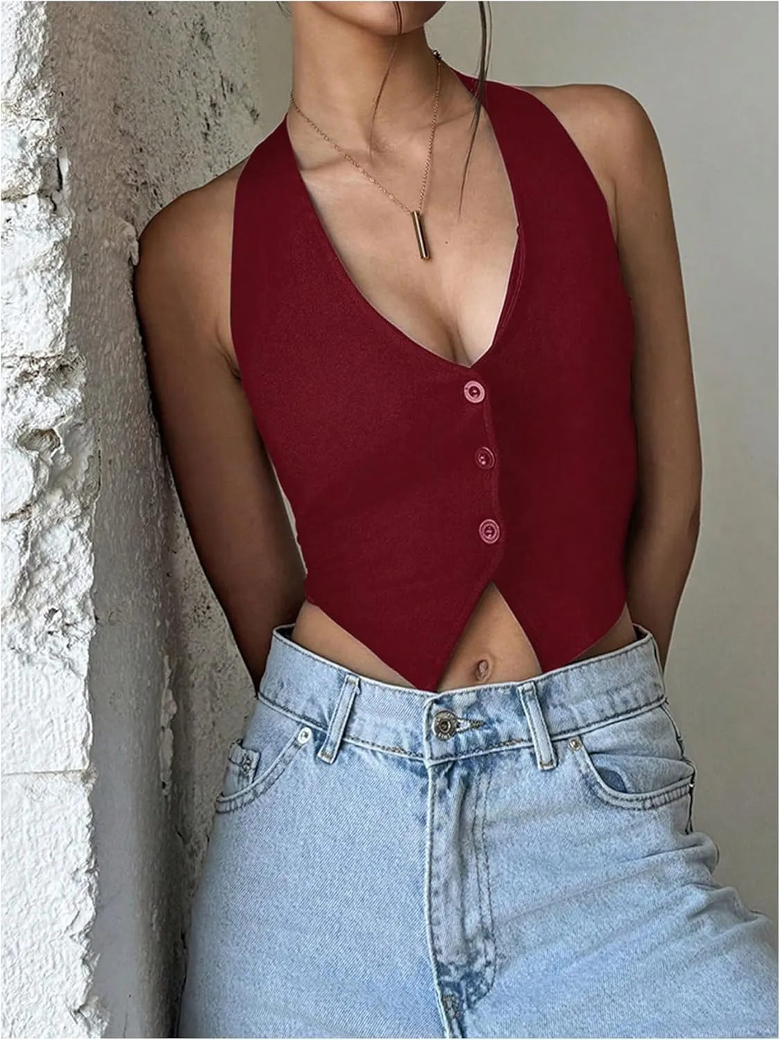 MakeMeChic Women's Button Front Halter Crop Tops Tie Back Fitted Vest Top Suit Vest Waistcoat