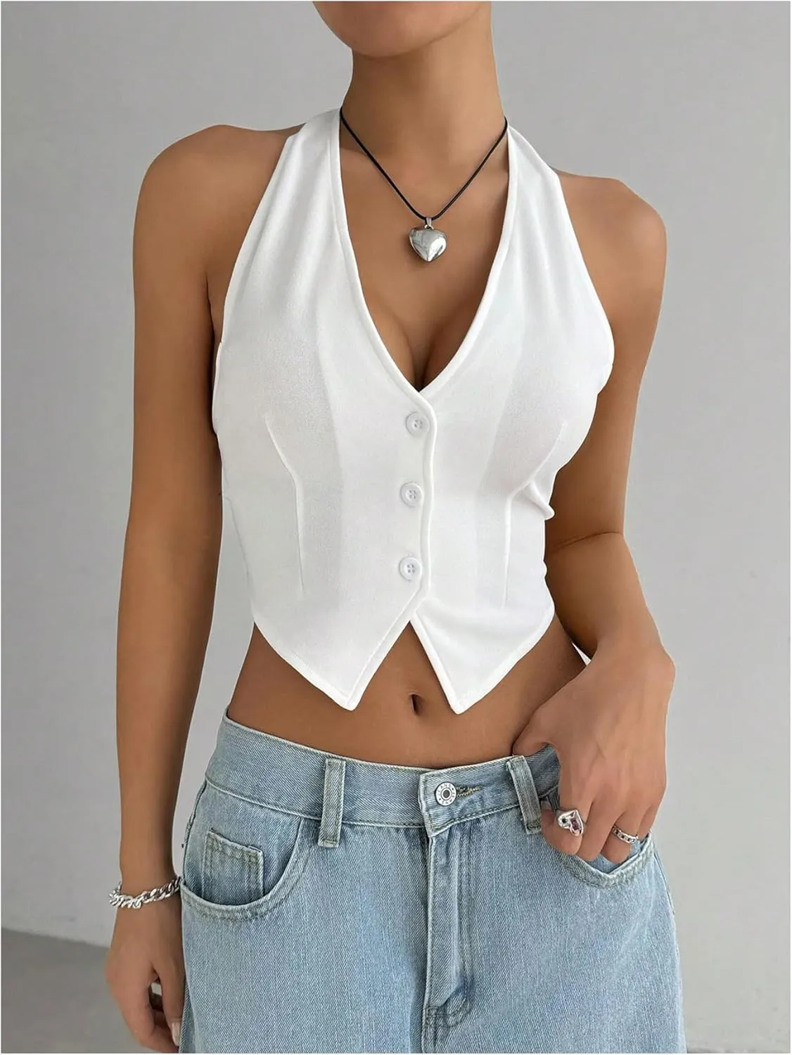 MakeMeChic Women's Button Front Halter Crop Tops Tie Back Fitted Vest Top Suit Vest Waistcoat