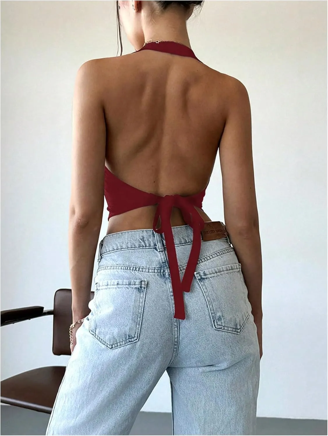 MakeMeChic Women's Button Front Halter Crop Tops Tie Back Fitted Vest Top Suit Vest Waistcoat