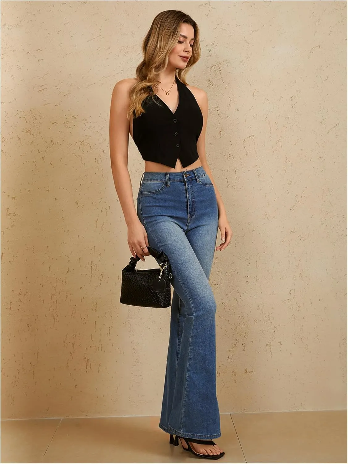 MakeMeChic Women's Button Front Halter Crop Tops Tie Back Fitted Vest Top Suit Vest Waistcoat