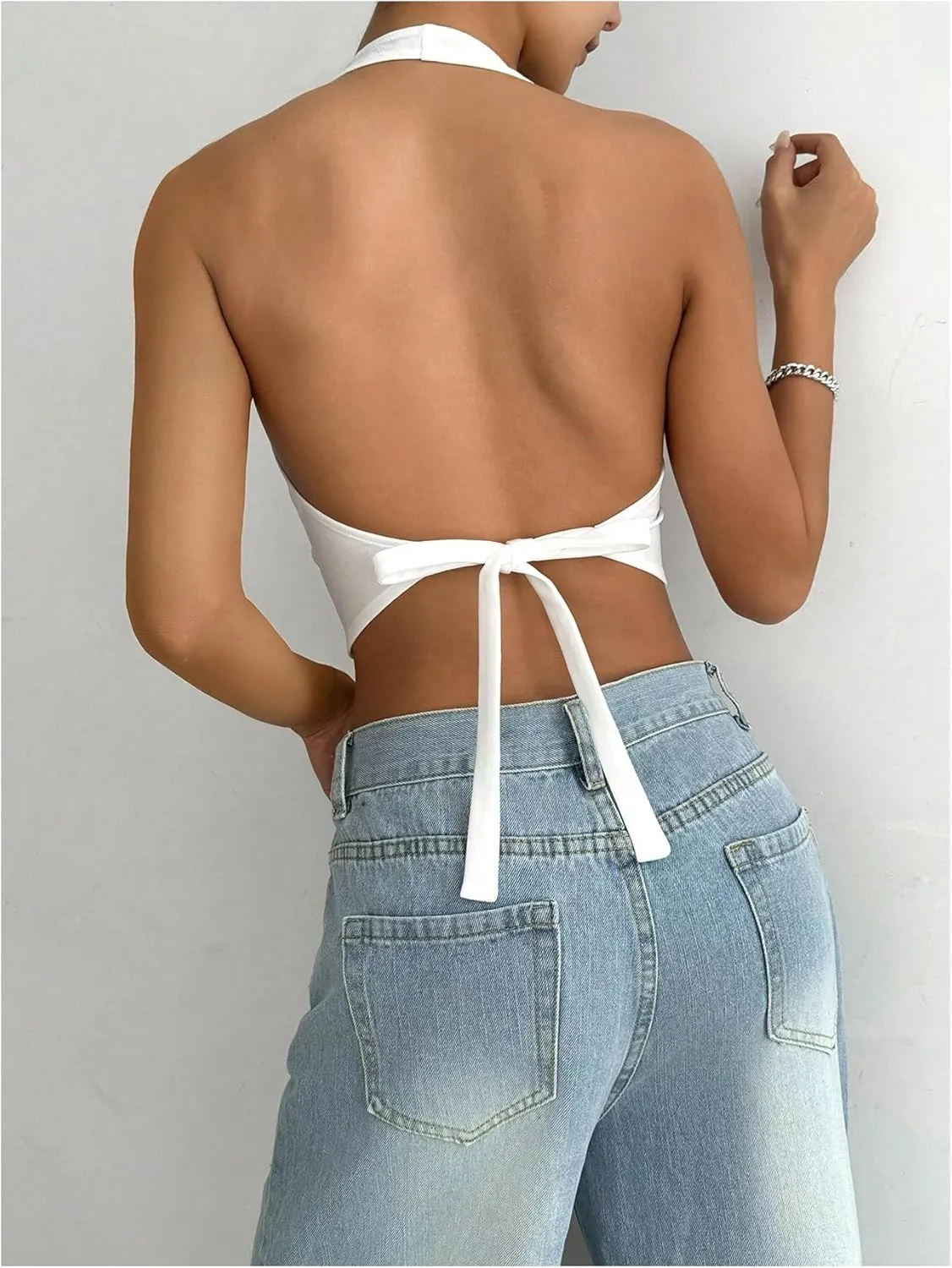 MakeMeChic Women's Button Front Halter Crop Tops Tie Back Fitted Vest Top Suit Vest Waistcoat