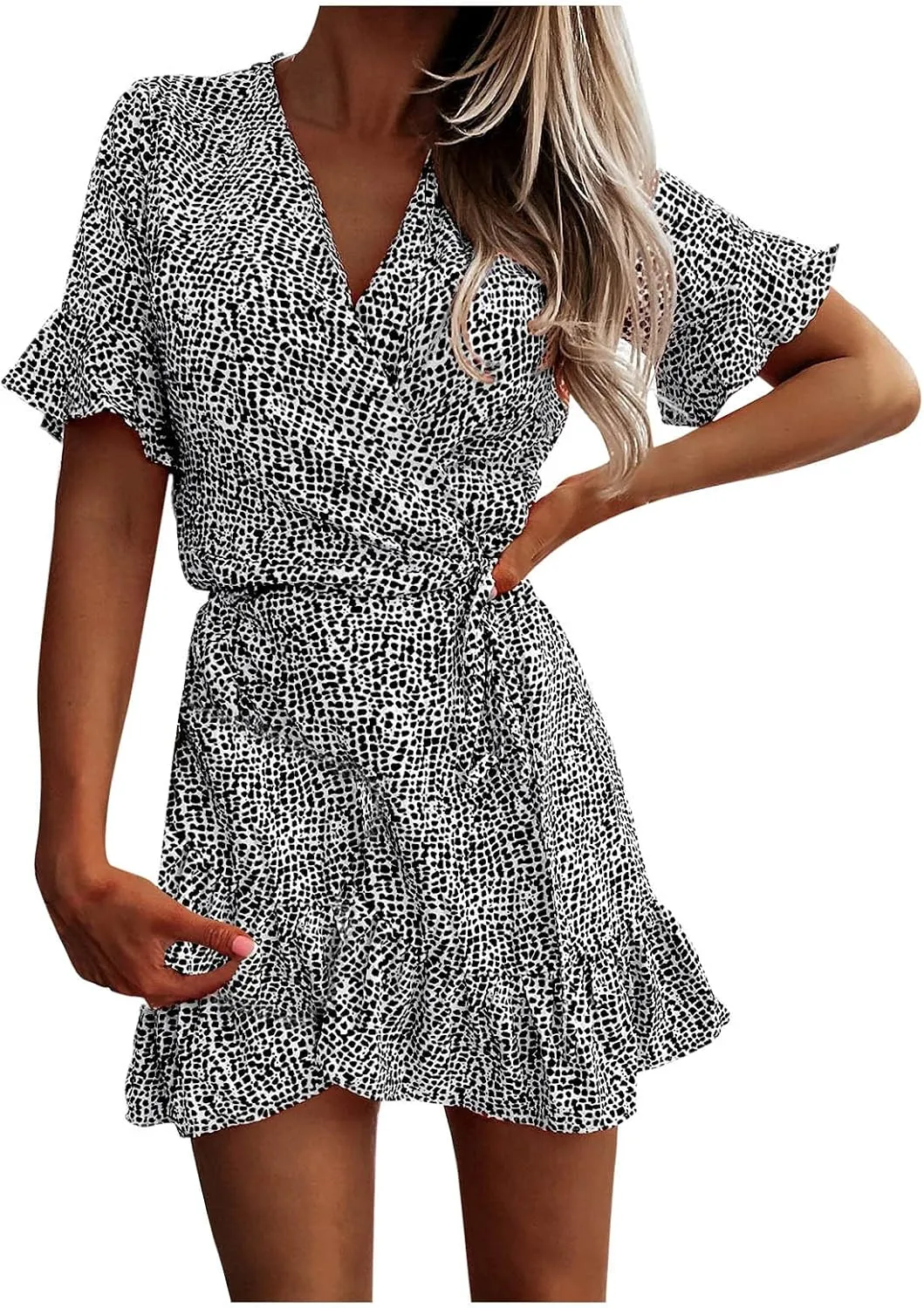 Maryia Women's Summer Dresses V Neck Wrap Casual Loose Cute Leopard Floral Print Swing Ruffle Hem Beach Mini Dress