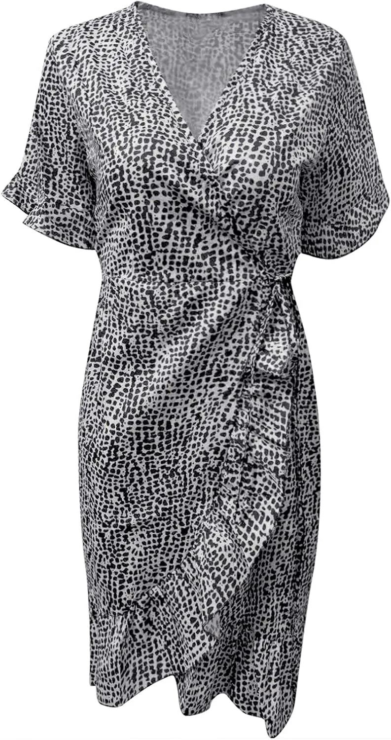 Maryia Women's Summer Dresses V Neck Wrap Casual Loose Cute Leopard Floral Print Swing Ruffle Hem Beach Mini Dress