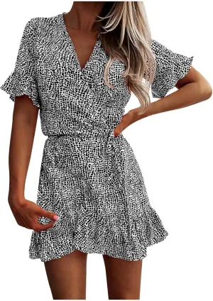 Maryia Women's Summer Dresses V Neck Wrap Casual Loose Cute Leopard Floral Print Swing Ruffle Hem Beach Mini Dress