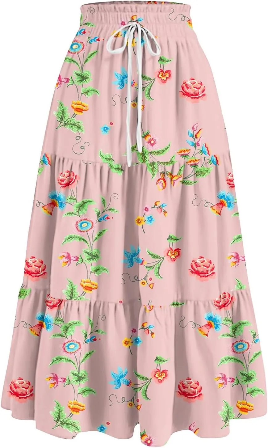 Maxi Long Skirts for Women Summer Floral Tiered A Line Pleated Swing Skirts Boho Flowy Renaissance Vacation Skirt