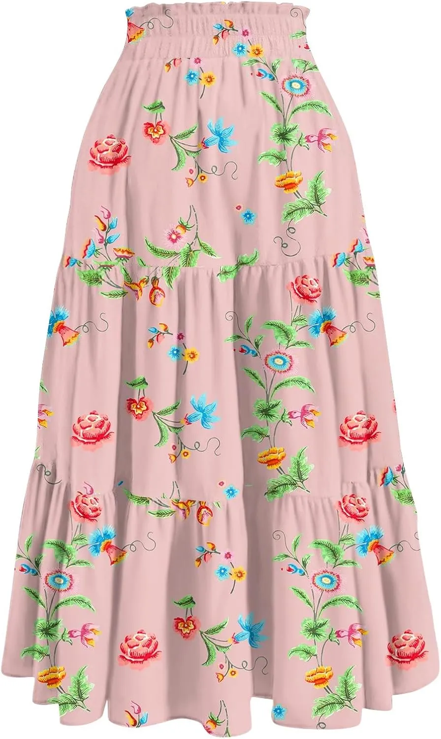 Maxi Long Skirts for Women Summer Floral Tiered A Line Pleated Swing Skirts Boho Flowy Renaissance Vacation Skirt