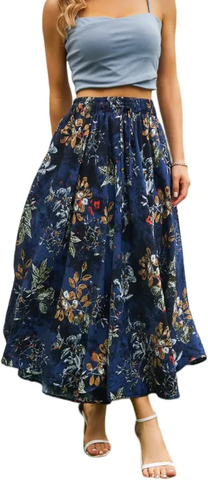 Maxi Skirts for Women with Pockets 2025 Blue Floral