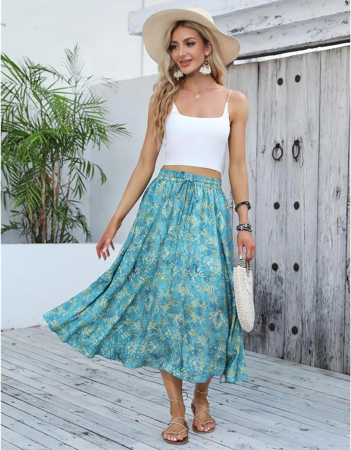 Maxi Skirts for Women with Pockets Long Midi Length Casual Skirt for Beach Party Holiday