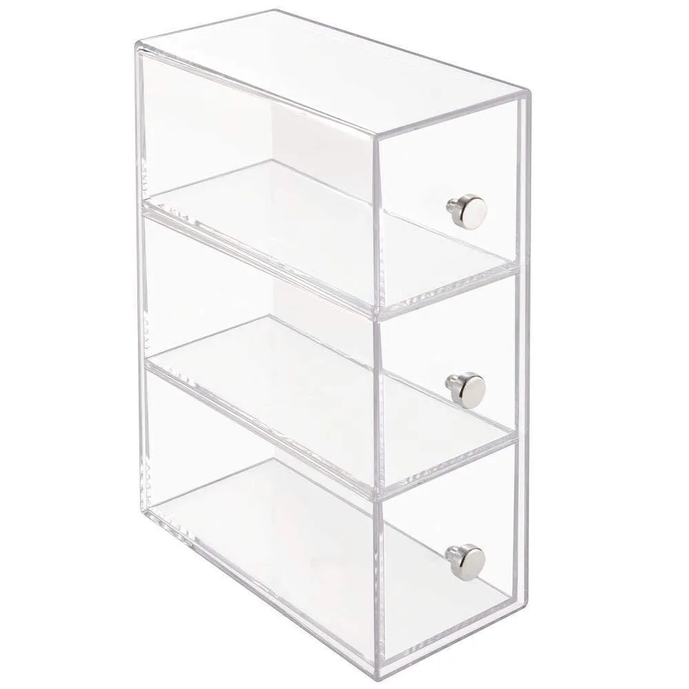 mDesign Plastic Kitchen Pantry, Cabinet, Countertop Organizer Storage Station with 3 Drawers for Coffee, Tea, Sugar Packets, Sweeteners, Creamers, Drink Pods, Packets - 4 Pack - Clear