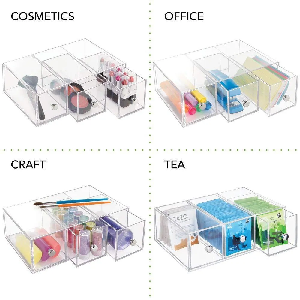 mDesign Plastic Kitchen Pantry, Cabinet, Countertop Organizer Storage Station with 3 Drawers for Coffee, Tea, Sugar Packets, Sweeteners, Creamers, Drink Pods, Packets - 4 Pack - Clear