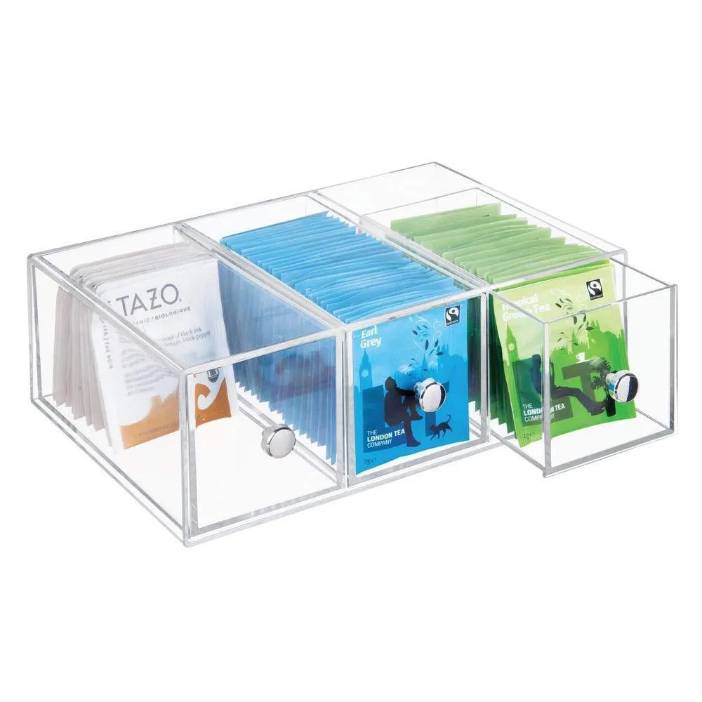 mDesign Plastic Kitchen Pantry, Cabinet, Countertop Organizer Storage Station with 3 Drawers for Coffee, Tea, Sugar Packets, Sweeteners, Creamers, Drink Pods, Packets - 4 Pack - Clear