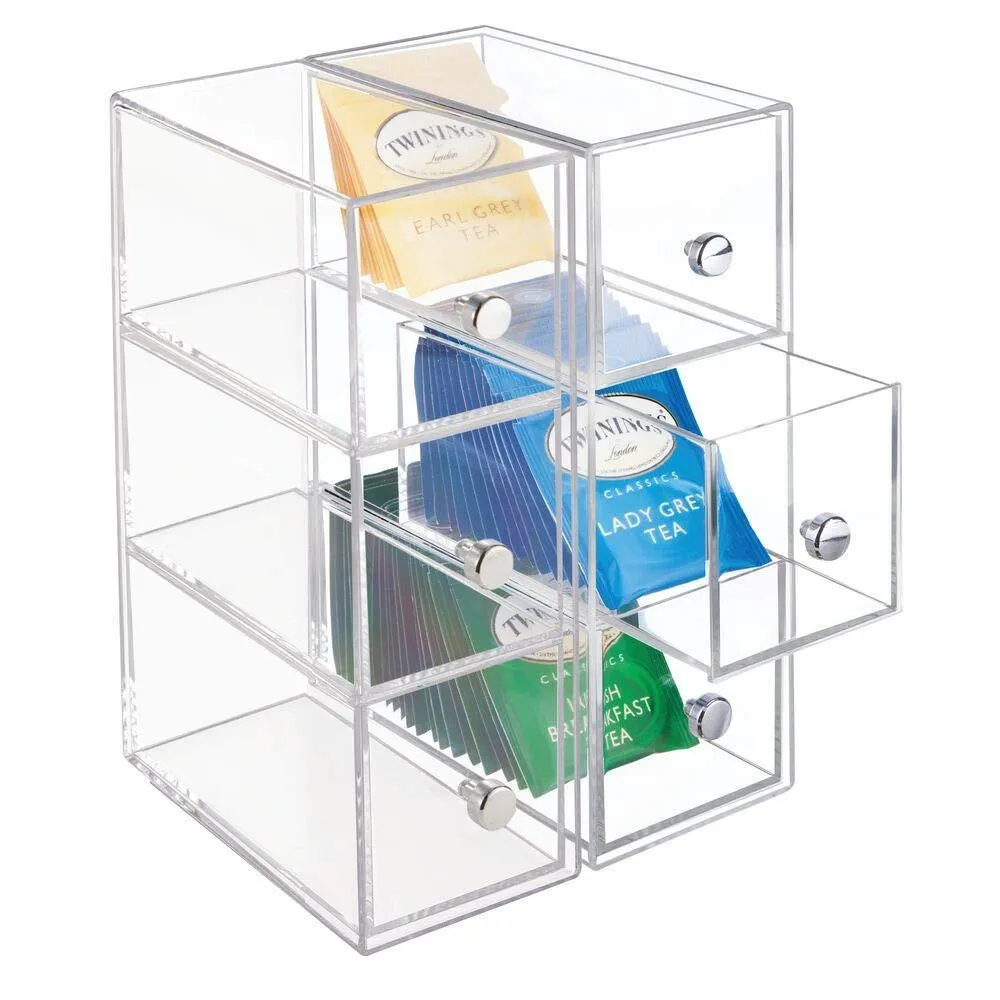 mDesign Plastic Kitchen Pantry, Cabinet, Countertop Organizer Storage Station with 3 Drawers for Coffee, Tea, Sugar Packets, Sweeteners, Creamers, Drink Pods, Packets - 4 Pack - Clear