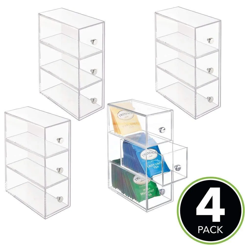 mDesign Plastic Kitchen Pantry, Cabinet, Countertop Organizer Storage Station with 3 Drawers for Coffee, Tea, Sugar Packets, Sweeteners, Creamers, Drink Pods, Packets - 4 Pack - Clear