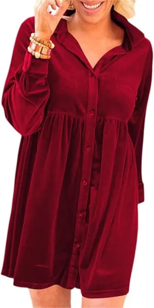 Melliflo Womens Velvet Dress Button Down T Shirt 3/4 Sleeve Tunic Tops Casual Lapel Babydoll Mini Dress