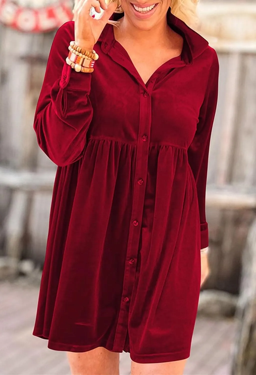Melliflo Womens Velvet Dress Button Down T Shirt 3/4 Sleeve Tunic Tops Casual Lapel Babydoll Mini Dress