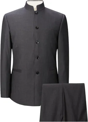 Men's 2 Pieces Chinese Tunic Suit Set Slim Fit Stand Collar Blazer Jacket Pants Suits Formal Wedding Dress