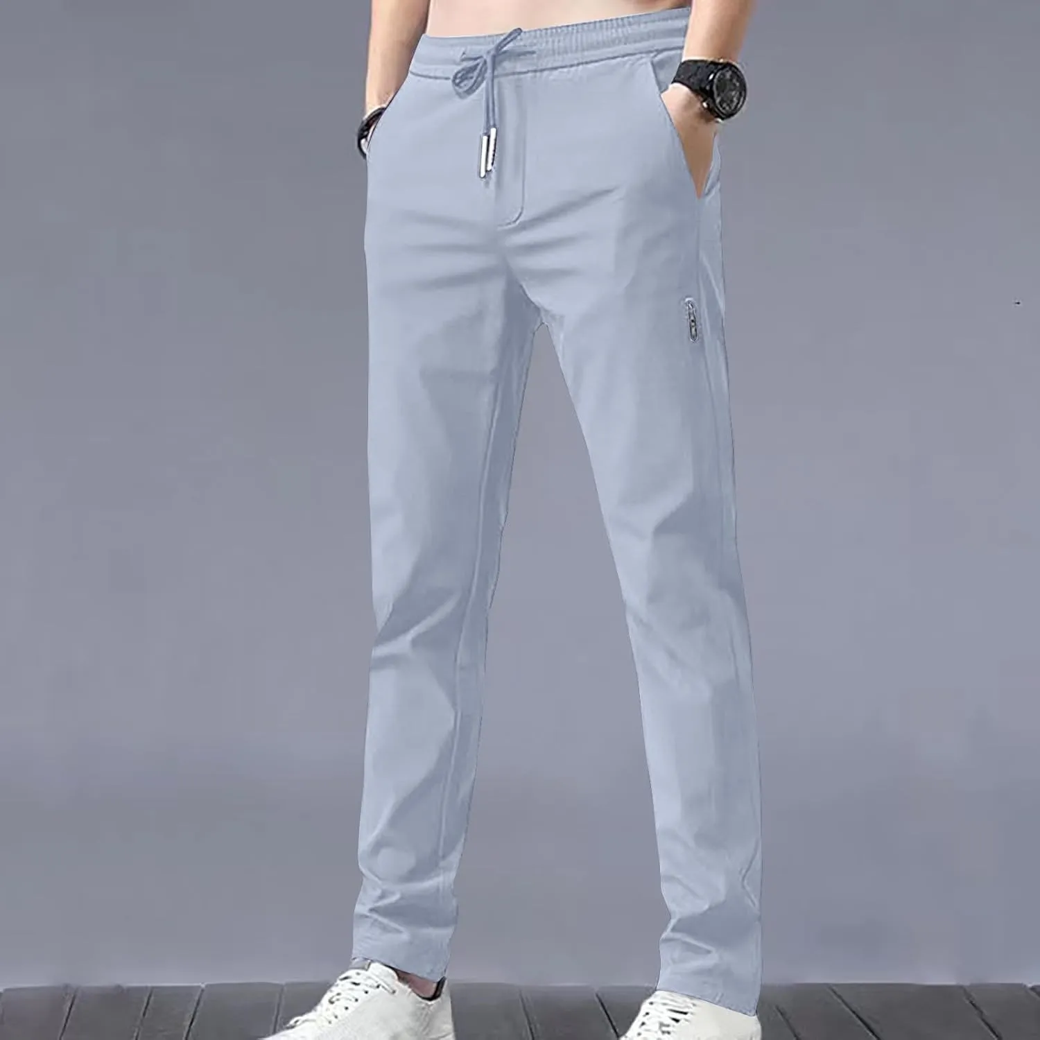 Men's Casual Stretch Pants 2024 Elastic Waist Lightweight Classic Work Pants Slim Fit Summer Beach Pants with Pockets