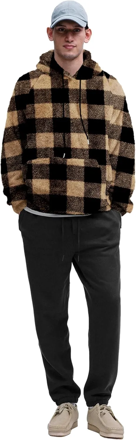 Mens Fuzzy Sherpa Hoodie Sweatshirt Long Sleeve Fashion Pullover Fall Outwear Winter Hooded