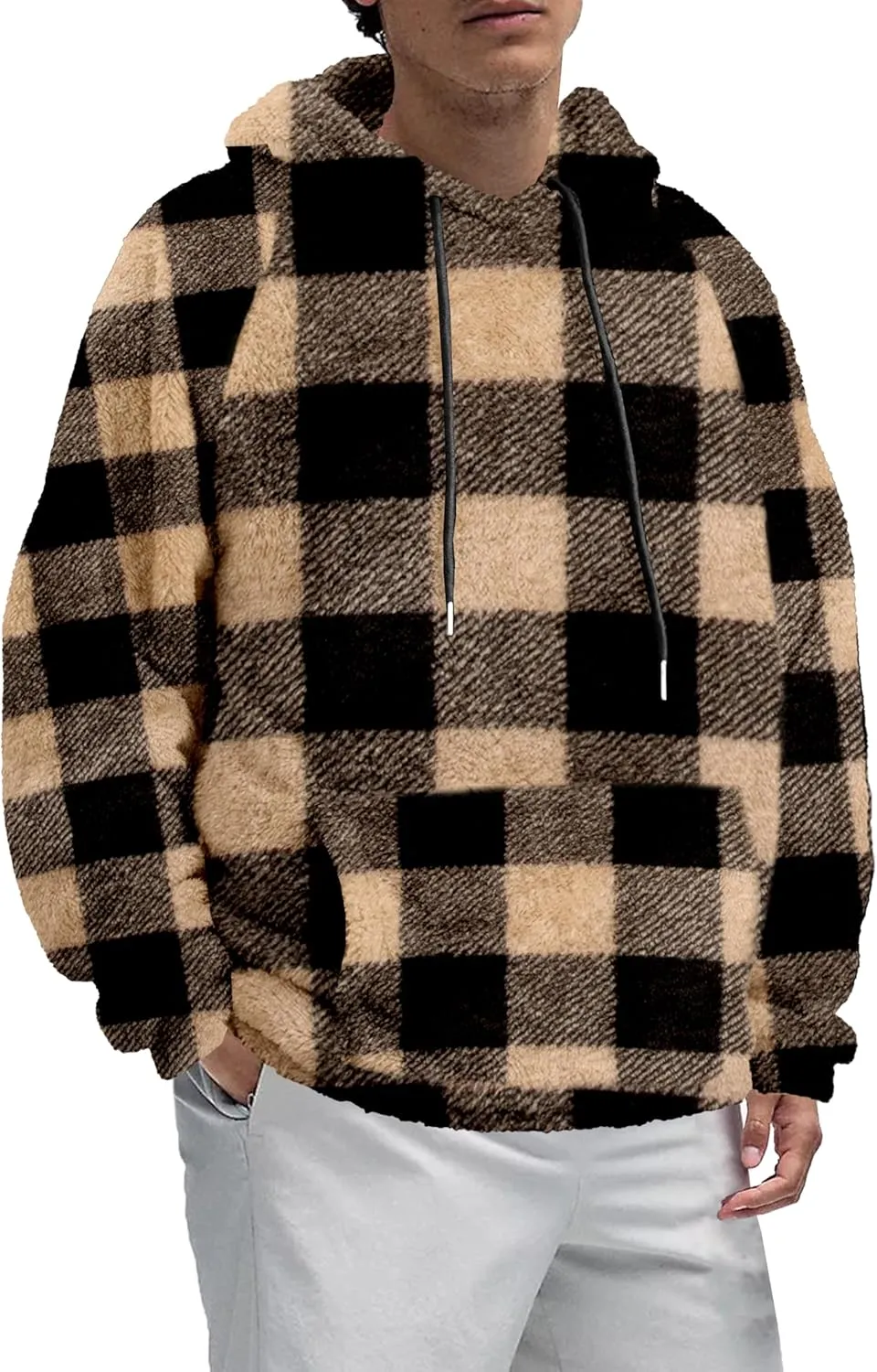 Mens Fuzzy Sherpa Hoodie Sweatshirt Long Sleeve Fashion Pullover Fall Outwear Winter Hooded