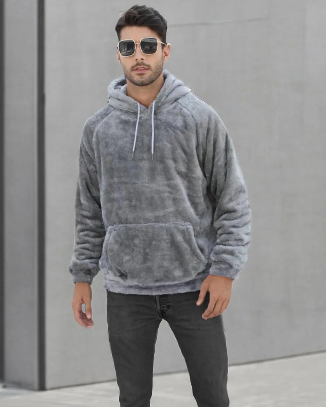 Mens Fuzzy Sherpa Hoodie Sweatshirt Long Sleeve Fashion Pullover Fall Outwear Winter Hooded