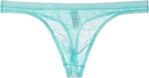 Men's Lace Frilly Thong Panties Sheer Mesh Boxer Briefs Semi Sheer T-back G-string Underwear Lingerie for Men Light Blue