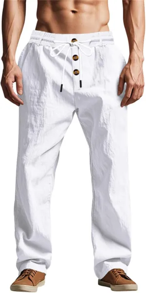 Mens Pants Casual Linen Drawstring Elastic Waist Loose Fit Casual Pants Lightweight Straight Leg Beach Yoga Trousers