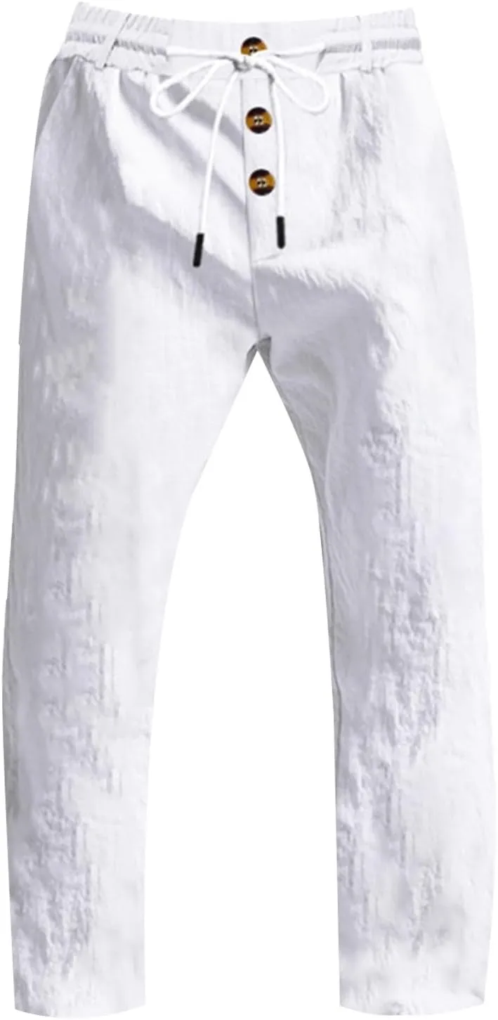 Mens Pants Casual Linen Drawstring Elastic Waist Loose Fit Casual Pants Lightweight Straight Leg Beach Yoga Trousers