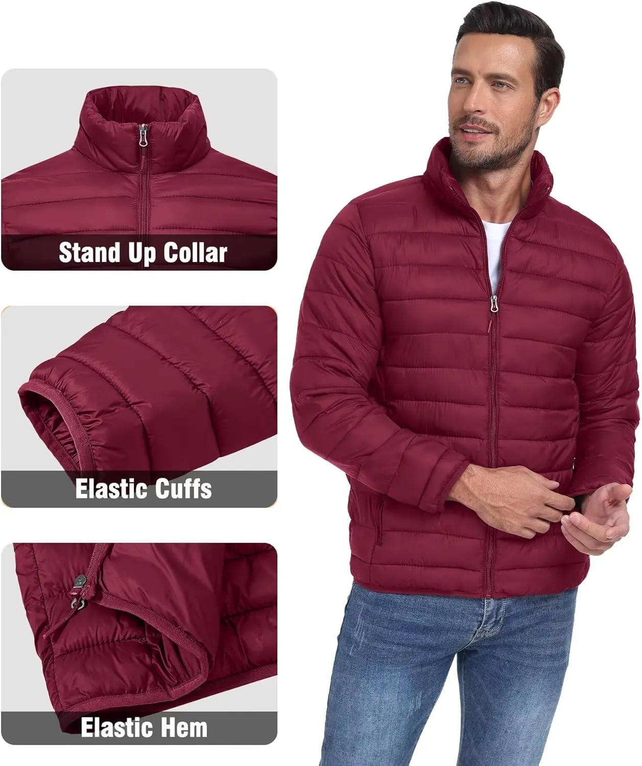 Men's Puffer Jacket Lightweight Warm Winter Coat with Zipper Pockets Insulated Ski Snow Down Jackets