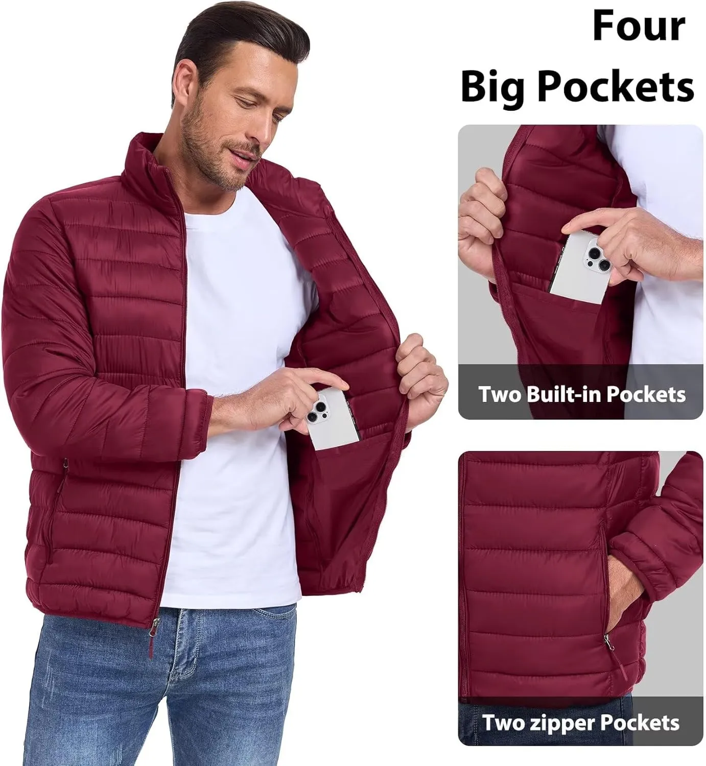 Men's Puffer Jacket Lightweight Warm Winter Coat with Zipper Pockets Insulated Ski Snow Down Jackets