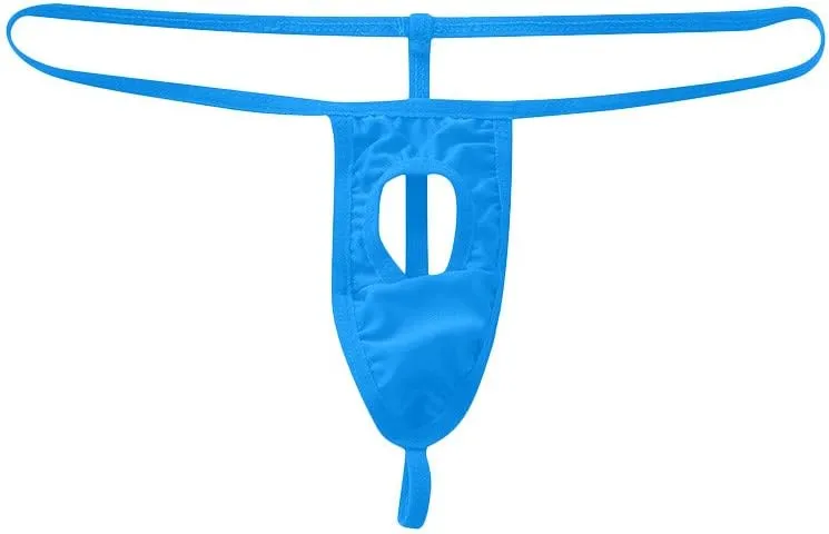 Mens Sexy Thongs Hole in Front G-String Underwear Ice Silk Bikini Bulge Pouch Panties Sissy Jockstrap Briefs Light Blue